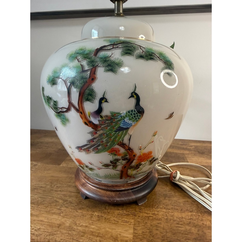 Vintage Peacock Lamp Chinoiserie White Glass Table Lamp Asian Decor Hollywood